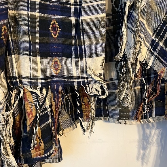 En Creme Blue Blue Plaid Open Front‎ Crinkle Draped Fringe Cardigan M ♣️ - Picture 3 of 6